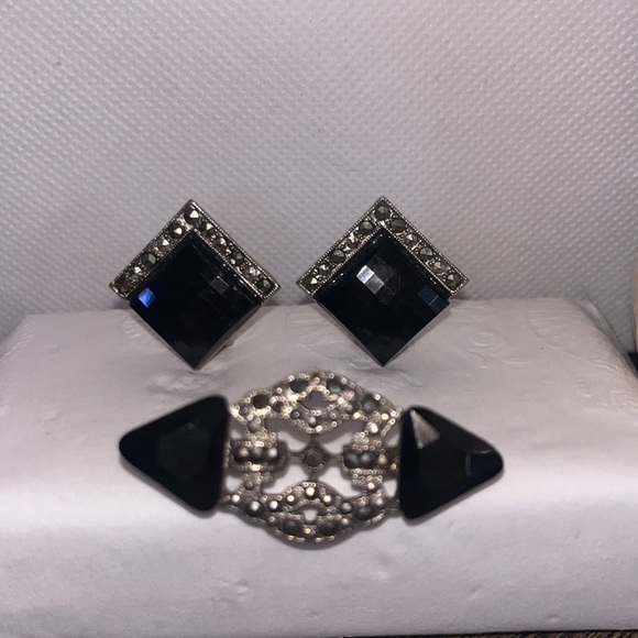 VTG 1928 Silver Faceted Black Rhinestone Marcasite Clip-on Earrings and Brooch - Picture 5 of 6